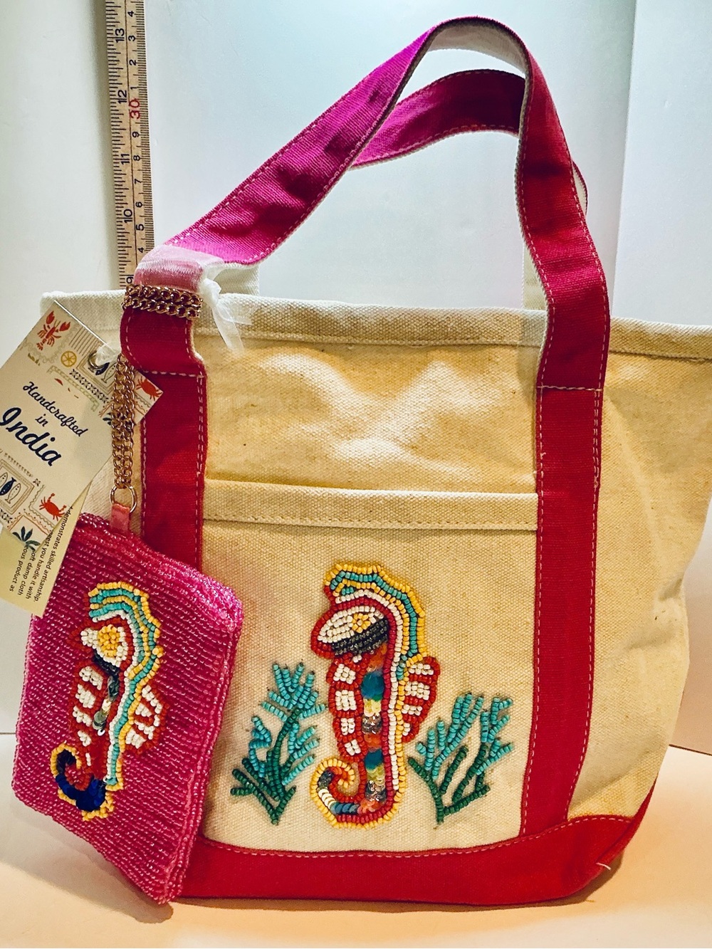 * Small Canvas Tote & Matching Zippered Pouch with Beaded Seahorse Motif